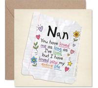 Sentimental Birthday Card for Nan - Full of Love and Nostalgia - Handwritten Notebook Style with Colourful Hearts and Flower Doodles, Mother's Day - 145mm Square, Envelope Included