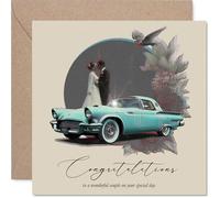 Sentimental Wedding Card - Classic Charm for the Big Day - Retro Vintage Car with Bride and Groom, Florals and Bird Accents - 145mm Square, Envelope Included