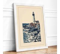 Sentinel on the Rocks Coastal Framed Wall Art Print A4 (29.7×21cm) White, Wall Decor for Living Room, Bedroom, Office & Home, Ready to Hang, Art Gift