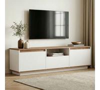 sentinel wooden tv stand with 3 doors in white and atlantic pine