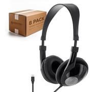 SENTRY Bulk 8 Pack Rugged School Headphones, USB C Jack Connection, Durable for Kids, Students, Teachers, Classrooms, Braided Cable, Inline Microphone, for Online Learning