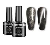 Senvenski Black Grey Gel Nail Polish Kit, Grey Magnetic Cat Eye Gel Polish, UV/LED Soak Off Nail Art Set with Black Glitter Colours | Manicure Gift Kit for Women Salon Home Use (CS2-011)