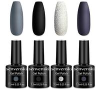 Senvenski Gray Black Gel Polish Kit - UV/LED Soak Off Nail Art Set with White Glitter Dark Purple Charcoal Pewter Colours | Manicure Gift Kit for Women Salon, Halloween Designs & French Tips(CS010)