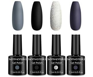 Senvenski Gray Black Gel Polish Kit - UV/LED Soak Off Nail Art Set with White Glitter Dark Purple Charcoal Pewter Colours | Manicure Gift Kit for Women Salon, Halloween Designs & French Tips(CS010)