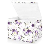 senya Flower Storage Baskets Collapsible Storage Bins with Lids, Purple Green Rose Flower Storage Boxes Clothes Baskets for Organizing