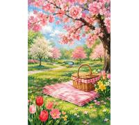 Senyanr 5D Picnic Spring Diamond Painting Kits for Adults, Pink Diamond Art Kits for Beginners, Square Full Drill DlY Crystal Embroidery Paint with Diamonds Craft kit for Home Wall Decor 45x65cm