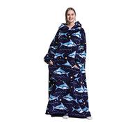 Seogva Extra Long Wearable Blanket Hoodie, Oversized Blanket Sweatshirt for Women and Men, Super Warm and Cozy Giant Hooded Blanket, Thick Flannel Blanket with Sleeves and Giant Pocket (Shark Navy)