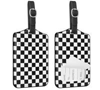 Seorsok 2Pcs Luggage Travel Tags for Suitcases,Cute Black Checkered Grid PU Leather Name Tag with Privacy Cover&ID Label Address Card and Stainless Steel Buckle for Men Women Handbags Backpack