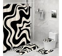 Seorsok Classic Modern Style Shower Curtain Set with Toilet Lid Cover and Non-Slip Rugs, Abstract Black Lines 4 PCS Modern Minimalist Shower Curtain, Bathroom Set with 12 Hooks, 72 x 72 Inches