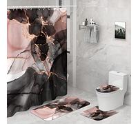 Seorsok Pink Gold Marble Shower Curtain Sets 4 Piece with Rugs,Black Pink Gold Bathroom Sets with Shower Curtain and Rugs and Accessories, Modern Bathroom Decor with Bath Mats and 12 Plastic Hooks