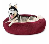 SEOUGEE Calming Donut Dog Bed, Fluffy Plush Round Cat Bed, Cosy Soft Washable Cushion Self-Warming Pet Beds Non-Slip Bottom, Indoor Sleeping Cuddler Nest for Medium Large Dogs (Burgundy 90cm)