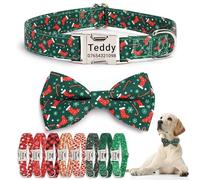 SEOUGEE Christmas Dog Collar Personalised with Bowtie, Adjustable Soft Cotton Dog Collars with Custom Engraved Metal Buckle Name Phone Number for Large Dogs (Green Stocking, L:Neck 40-60cm)