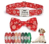 SEOUGEE Christmas Dog Collar Personalised with Bowtie, Adjustable Soft Cotton Dog Collars with Custom Engraved Metal Buckle Name Phone Number for Medium Dogs (Red Snowflake, M:Neck 35-50cm)