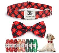 SEOUGEE Christmas Dog Collar Personalised with Bowtie, Adjustable Soft Cotton Dog Collars with Custom Engraved Metal Buckle Name Phone Number for Medium Dogs (Red Plaid, M:Neck 35-50cm)