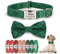 SEOUGEE Christmas Dog Collar Personalised with Bowtie, Adjustable Soft Cotton Dog Collars with Custom Engraved Metal Buckle Name Phone Number for Medium Dogs (Green Plaid, M:Neck 35-50cm)