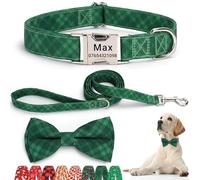 SEOUGEE Christmas Dog Collar Personalised with Bowtie & Lead Set, Adjustable Cotton Dog Collars and Leash with Engraved Metal Buckle for Small Dogs (Green Plaid Set, XS:Neck 20-30cm)