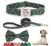 SEOUGEE Christmas Dog Collar Personalised with Bowtie & Lead Set, Adjustable Cotton Dog Collars and Leash with Engraved Metal Buckle for Medium Dogs (Green Stocking Set, M:Neck 35-50cm)