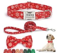 SEOUGEE Christmas Dog Collar Personalised with Bowtie & Lead Set, Adjustable Cotton Dog Collars and Leash with Engraved Metal Buckle for Large Dogs (Red Snowflake Set, L:Neck 40-60cm)
