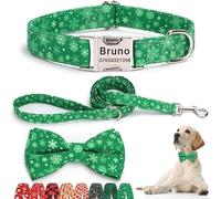 SEOUGEE Christmas Dog Collar Personalised with Bowtie & Lead Set, Adjustable Cotton Dog Collars and Leash with Engraved Metal Buckle for Small Dogs (Green Snowflake Set, XS:Neck 20-30cm)
