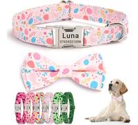 SEOUGEE Easter Dog Collar Personalised with Bowtie, Adjustable Soft Cotton Dog Collars with Custom Engraved Metal Buckle Name Phone Number for Medium Dogs (Bunny Bloom, M:Neck 35-50cm)