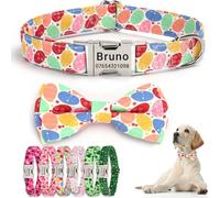 SEOUGEE Easter Dog Collar Personalised with Bowtie, Adjustable Soft Cotton Dog Collars with Custom Engraved Metal Buckle Name Phone Number for Large Dogs (Easter Eggs, XL:Neck 45-70cm)