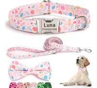 SEOUGEE Easter Dog Collar Personalised with Bowtie & Lead Set, Adjustable Cotton Dog Collars and Leash with Engraved Metal Buckle for Small Dogs (Bunny Bloom Set, S:Neck 30-40cm)