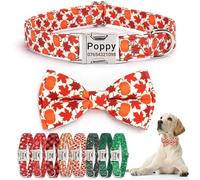 SEOUGEE Fall Dog Collar Personalised with Bowtie, Adjustable Soft Cotton Thanksgiving Halloween Dog Collars with Engraved Metal Buckle Name Phone Number for Medium Dogs (Maple, M:Neck 35-50cm)