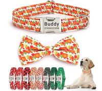 SEOUGEE Fall Dog Collar Personalised with Bowtie, Adjustable Soft Cotton Thanksgiving Halloween Dog Collars with Engraved Metal Buckle Name Phone Number for Medium Dogs (Pumpkin, M:Neck 35-50cm)