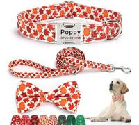 SEOUGEE Fall Dog Collar Personalised with Bowtie & Lead Set, Adjustable Cotton Thanksgiving Halloween Dog Collars and Leash with Engraved Metal Buckle for Small Dogs (Maple Set, S:Neck 30-40cm)