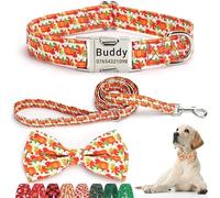SEOUGEE Fall Dog Collar Personalised with Bowtie & Lead Set, Adjustable Cotton Thanksgiving Halloween Dog Collars and Leash with Engraved Metal Buckle for Medium Dogs (Pumpkin Set, M:Neck 35-50cm)
