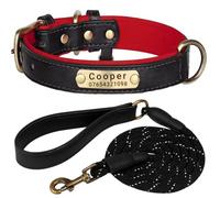 SEOUGEE Genuine Leather Dog Collar Personalised and Leash Set, Soft Padded Leather Dog Collars Heavy Duty with Custom Engraved Name Plate for Small Medium Large Dogs (XS, Black Set 18-27cm)