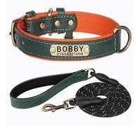 SEOUGEE Genuine Leather Dog Collar Personalised and Leash Set, Soft Padded Leather Dog Collars Heavy Duty with Custom Engraved Name Plate for Small Medium Large Dogs (M, Green Set 28-37cm)