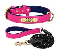 SEOUGEE Genuine Leather Dog Collar Personalised and Leash Set, Soft Padded Leather Dog Collars Heavy Duty with Custom Engraved Name Plate for Small Medium Large Dogs (S, Hot Pink Set 23-32cm)