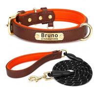 SEOUGEE Genuine Leather Dog Collar Personalised and Leash Set, Soft Padded Leather Dog Collars Heavy Duty with Custom Engraved Name Plate for Small Medium Large Dogs (XS, Brown & Orange Set 18-27cm)