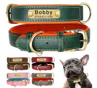 SEOUGEE Genuine Leather Dog Collar Personalised, Soft Padded Leather Dog Collars Heavy Duty with Custom Engraved Name Plate Adjustable for Small Medium Large Dogs (L, Green 35-45cm)