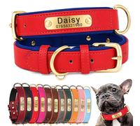 SEOUGEE Genuine Leather Dog Collar Personalised, Soft Padded Leather Dog Collars Heavy Duty with Custom Engraved Name Plate Adjustable for Small Medium Large Dogs (XS, Red & Blue 18-27cm)