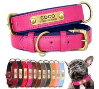 SEOUGEE Genuine Leather Dog Collar Personalised, Soft Padded Leather Dog Collars Heavy Duty with Custom Engraved Name Plate Adjustable for Small Medium Large Dogs (XS, Hot Pink 18-27cm)