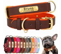 SEOUGEE Genuine Leather Dog Collar Personalised, Soft Padded Leather Dog Collars Heavy Duty with Custom Engraved Name Plate Adjustable for Small Medium Large Dogs (S, Brown & Orange23-32cm)