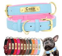 SEOUGEE Genuine Leather Dog Collar Personalised, Soft Padded Leather Dog Collars Heavy Duty with Custom Engraved Name Plate Adjustable for Small Medium Large Dogs (S, Sky Blue & Pink 23-32cm)