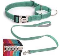 SEOUGEE Martingale Dog Collar Personalised and Lead Set, Reflective Nylon Anti-choke Dog Collars and Leash with Custom Engraved Buckle, Walking Training for Small Dogs (S Forest Green Set, 30-40cm)