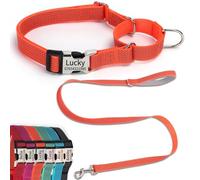 SEOUGEE Martingale Dog Collar Personalised and Lead Set, Reflective Nylon Anti-choke Dog Collars and Leash with Custom Engraved Buckle, Walking Training for Medium Dogs (M Orange Set, 40-55cm)