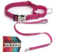 SEOUGEE Martingale Dog Collar Personalised and Lead Set, Reflective Nylon Anti-choke Dog Collars and Leash with Custom Engraved Buckle, Walking Training for Large Dogs (L Rose Red Set, 45-65cm)