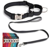 SEOUGEE Martingale Dog Collar Personalised and Lead Set, Reflective Nylon Anti-choke Dog Collars and Leash with Custom Engraved Buckle, Walking Training for Large Dogs (L Black Set, 45-65cm)