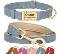 SEOUGEE Personalised Dog Collar and Lead Set, Custom Soft PU Leather Dog Collars, Adjustable & Durable Pet Collars with Quick Release Metal Buckle for Puppies (XS, Slate Blue Set 20-30cm)