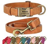 SEOUGEE Personalised Dog Collar and Lead Set, Custom Soft PU Leather Dog Collars, Adjustable & Durable Pet Collars with Quick Release Metal Buckle for Puppies (XS, Vintage Camel Set 20-30cm)
