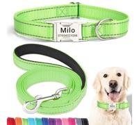 SEOUGEE Personalised Dog Collar and Lead Set with Engraved Metal Buckle, Reflective Nylon Dog Collars and Leash for Medium Dogs with Custom Name Plate Phone Number (Green Set, M:Neck 35-50cm)