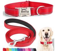 SEOUGEE Personalised Dog Collar and Lead Set with Engraved Metal Buckle, Reflective Nylon Dog Collars and Leash for Medium Dogs with Custom Name Plate Phone Number (Red Set, M:Neck 35-50cm)