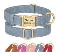 SEOUGEE Personalised Dog Collar with Engraved ID Name and Number, Custom Soft PU Leather Dog Collars, Adjustable & Durable Pet Collars with Quick Release Metal Buckle for Large Dogs (L, Blue 38-60cm)