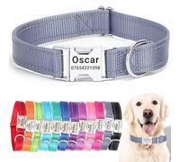 SEOUGEE Personalised Dog Collar with Engraved Metal Buckle, Reflective Nylon Collars for Small Medium Large Dogs with Custom Name Plate Phone Number (Grey, S:Neck 30-40cm,Width 1.5cm)