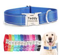 SEOUGEE Personalised Dog Collar with Engraved Metal Buckle, Reflective Nylon Collars for Small Medium Large Dogs with Custom Name Plate Phone Number Adjustable (Dark Blue, M:Neck 35-50cm,Width 2cm)